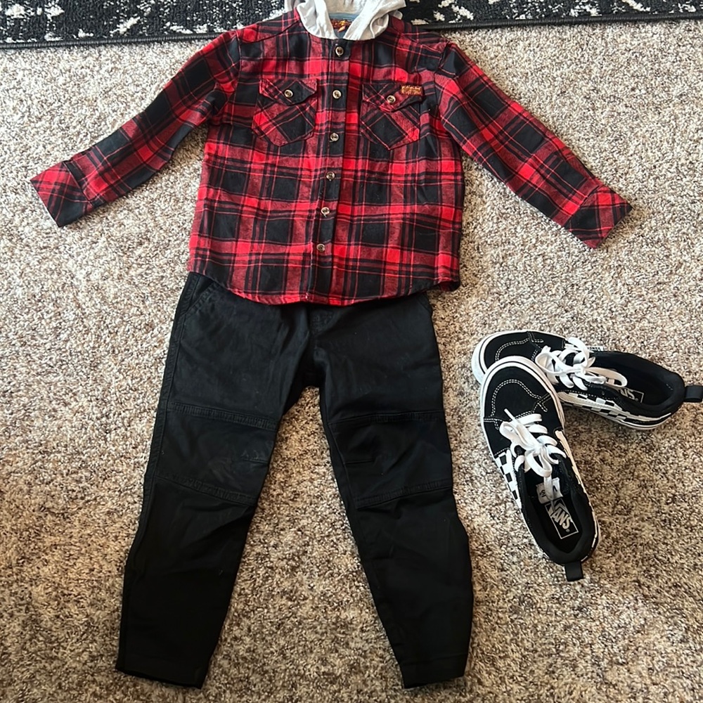 Red and Black Plaid Top with Black Bottoms Size 3T